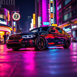A sleek and futuristic BMW M5, illuminated in vibrant neon colors, parked in an urban environment at night