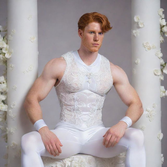 A hyperrealistic image of a muscular, freckled, ginger-haired man sitting on a column. He is wearing an openwork, white iridescent sailor moon outfit in silk. The background is filled with elegant white flowers and arabesques.