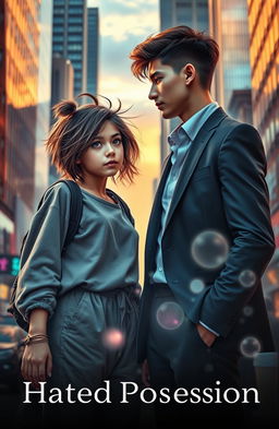 A contemporary fantasy romance scene set in the present era featuring a tomboyish girl in baggy clothes and a confident young CEO