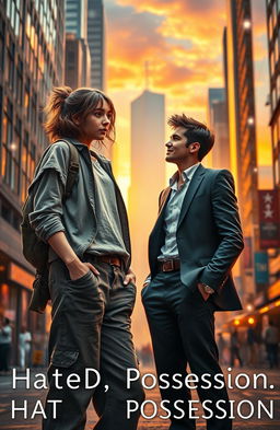A contemporary fantasy romance scene set in the present era featuring a tomboyish girl in baggy clothes and a confident young CEO