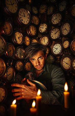 A visually striking scene capturing a man in a dimly lit room, surrounded by an overwhelming collection of vintage clocks, each ticking at its own pace