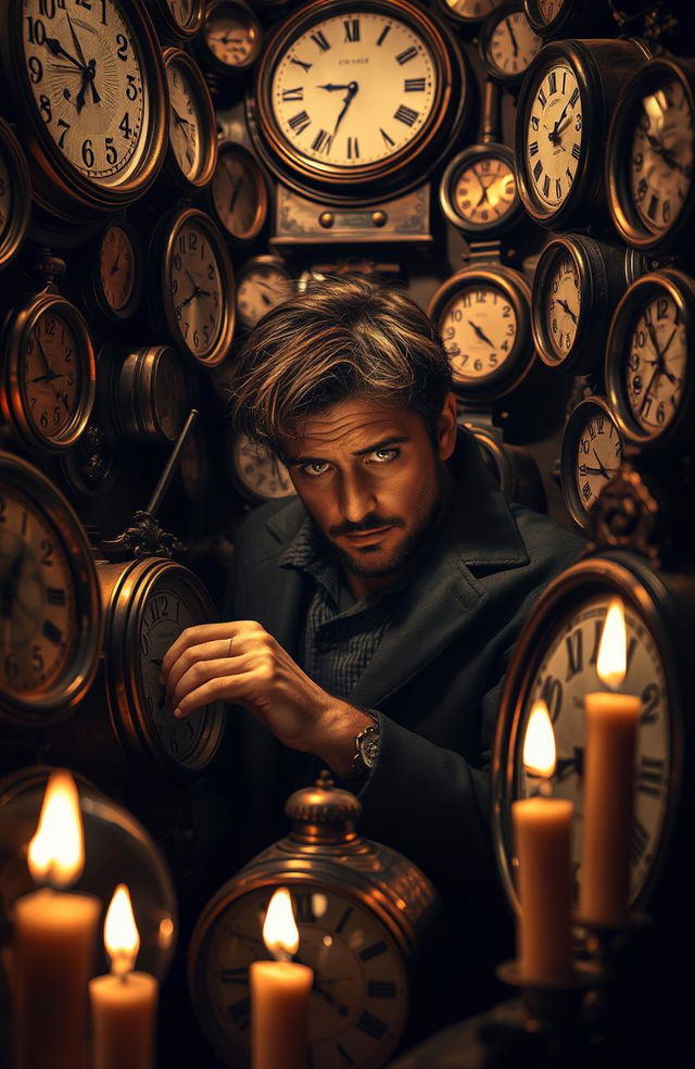 A visually striking scene capturing a man in a dimly lit room, surrounded by an overwhelming collection of vintage clocks, each ticking at its own pace