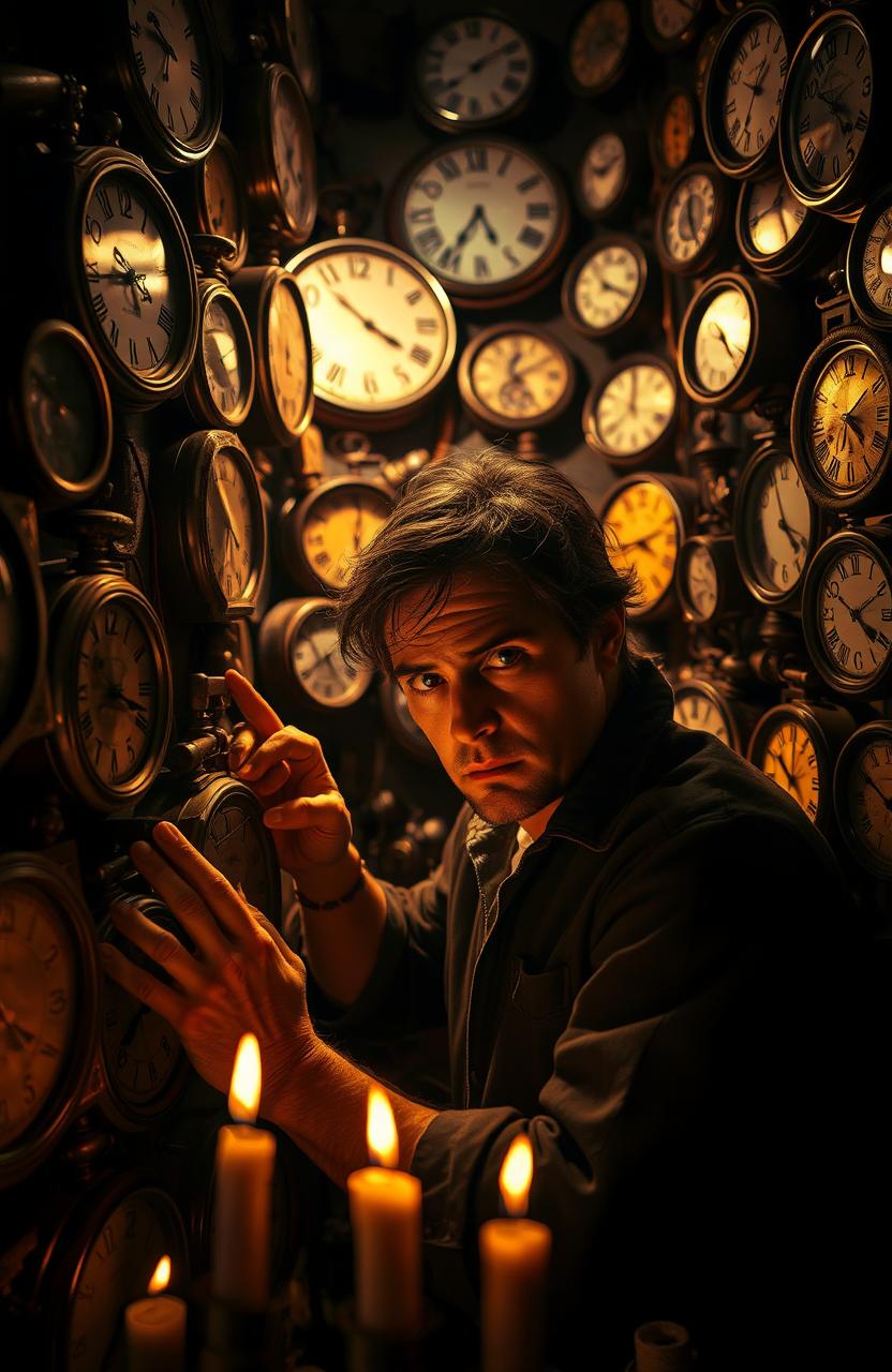 A visually striking scene capturing a man in a dimly lit room, surrounded by an overwhelming collection of vintage clocks, each ticking at its own pace