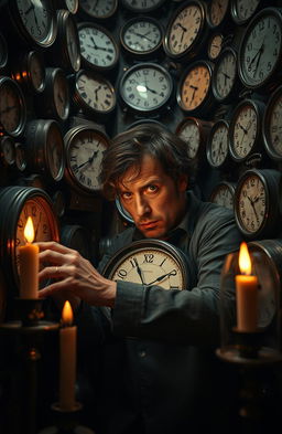 A visually striking scene capturing a man in a dimly lit room, surrounded by an overwhelming collection of vintage clocks, each ticking at its own pace