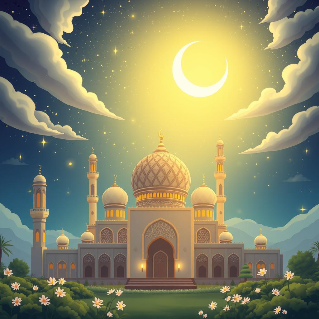 An enchanting Islamic animation scene, featuring a beautifully illustrated mosque with intricate geometric designs and a captivating night sky filled with twinkling stars and a radiant crescent moon