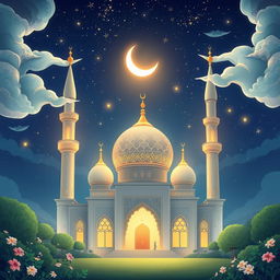 An enchanting Islamic animation scene, featuring a beautifully illustrated mosque with intricate geometric designs and a captivating night sky filled with twinkling stars and a radiant crescent moon