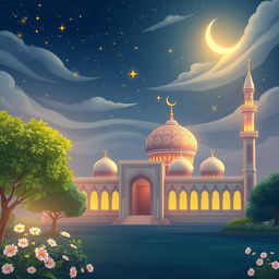 An enchanting Islamic animation scene, featuring a beautifully illustrated mosque with intricate geometric designs and a captivating night sky filled with twinkling stars and a radiant crescent moon