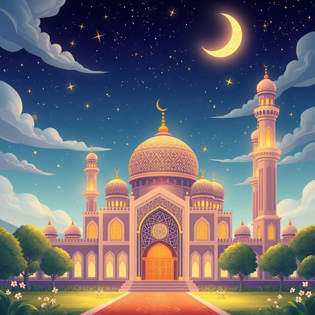 An enchanting Islamic animation scene, featuring a beautifully illustrated mosque with intricate geometric designs and a captivating night sky filled with twinkling stars and a radiant crescent moon