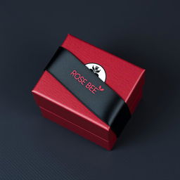 A maroon cartoon-style watch box prominently featuring a black text logo that reads 'ROSE BEE'