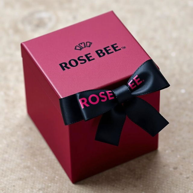 A maroon cartoon-style watch box prominently featuring a bold black text logo that reads 'ROSE BEE'