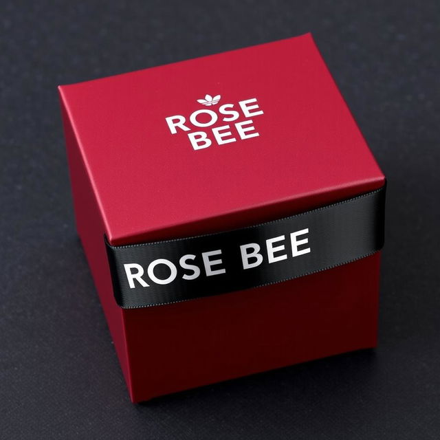 A maroon cartoon-style watch box featuring a striking black text logo that reads 'ROSE BEE'