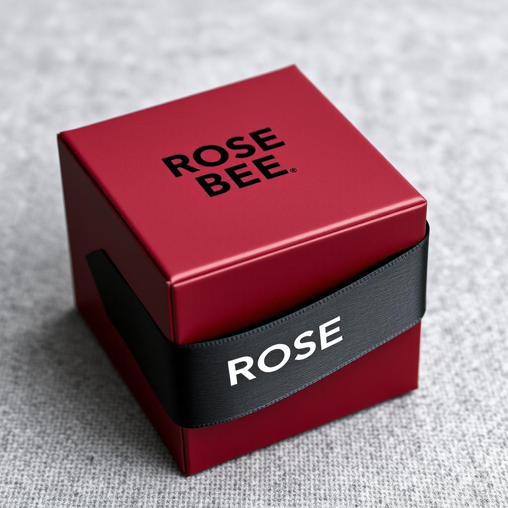 A maroon cartoon-style watch box featuring a striking black text logo that reads 'ROSE BEE'