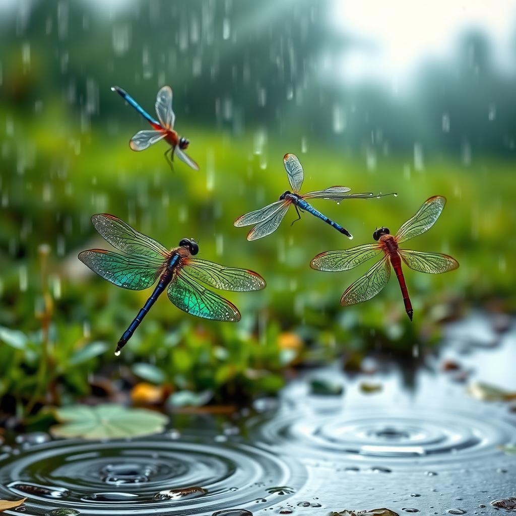 A dynamic and captivating scene capturing dragonflies in mid-flight amidst a gentle rain shower