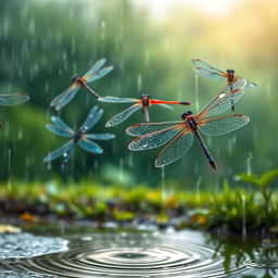 A dynamic and captivating scene capturing dragonflies in mid-flight amidst a gentle rain shower