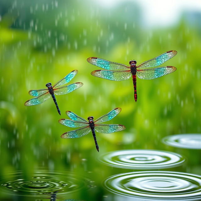 A dynamic and captivating scene capturing dragonflies in mid-flight amidst a gentle rain shower