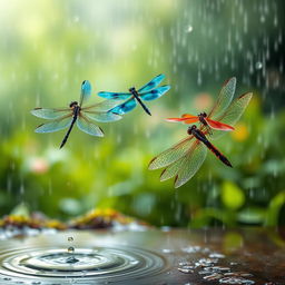 A dynamic and captivating scene capturing dragonflies in mid-flight amidst a gentle rain shower