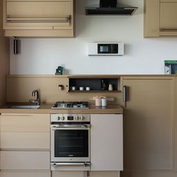 A fully equipped kitchen with a centrally placed stove burner. Both sides have a pull-out system, one storing a bottle and another a gas cylinder. Additional detailing includes a show hand corner on the sides.