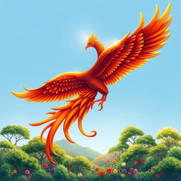 A stylized and intricate figure suitable for printing, showcasing a majestic phoenix with vibrant red, orange, and gold feathers