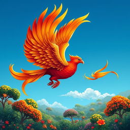 A stylized and intricate figure suitable for printing, showcasing a majestic phoenix with vibrant red, orange, and gold feathers