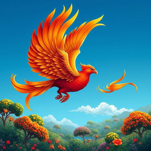 A stylized and intricate figure suitable for printing, showcasing a majestic phoenix with vibrant red, orange, and gold feathers