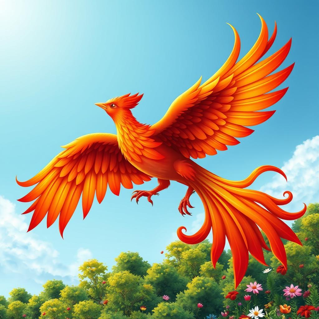 A stylized and intricate figure suitable for printing, showcasing a majestic phoenix with vibrant red, orange, and gold feathers