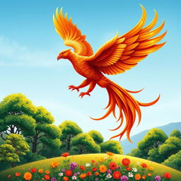 A stylized and intricate figure suitable for printing, showcasing a majestic phoenix with vibrant red, orange, and gold feathers