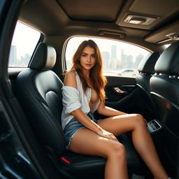 A young woman sitting in a luxury car, with the seat adjusted back and the sun shining through the window, illuminating her relaxed pose