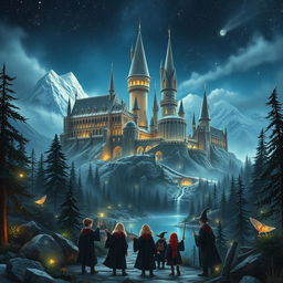 A magnificent, sprawling castle reminiscent of Hogwarts, nestled among snowy mountains under a starry sky