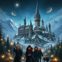A magnificent, sprawling castle reminiscent of Hogwarts, nestled among snowy mountains under a starry sky