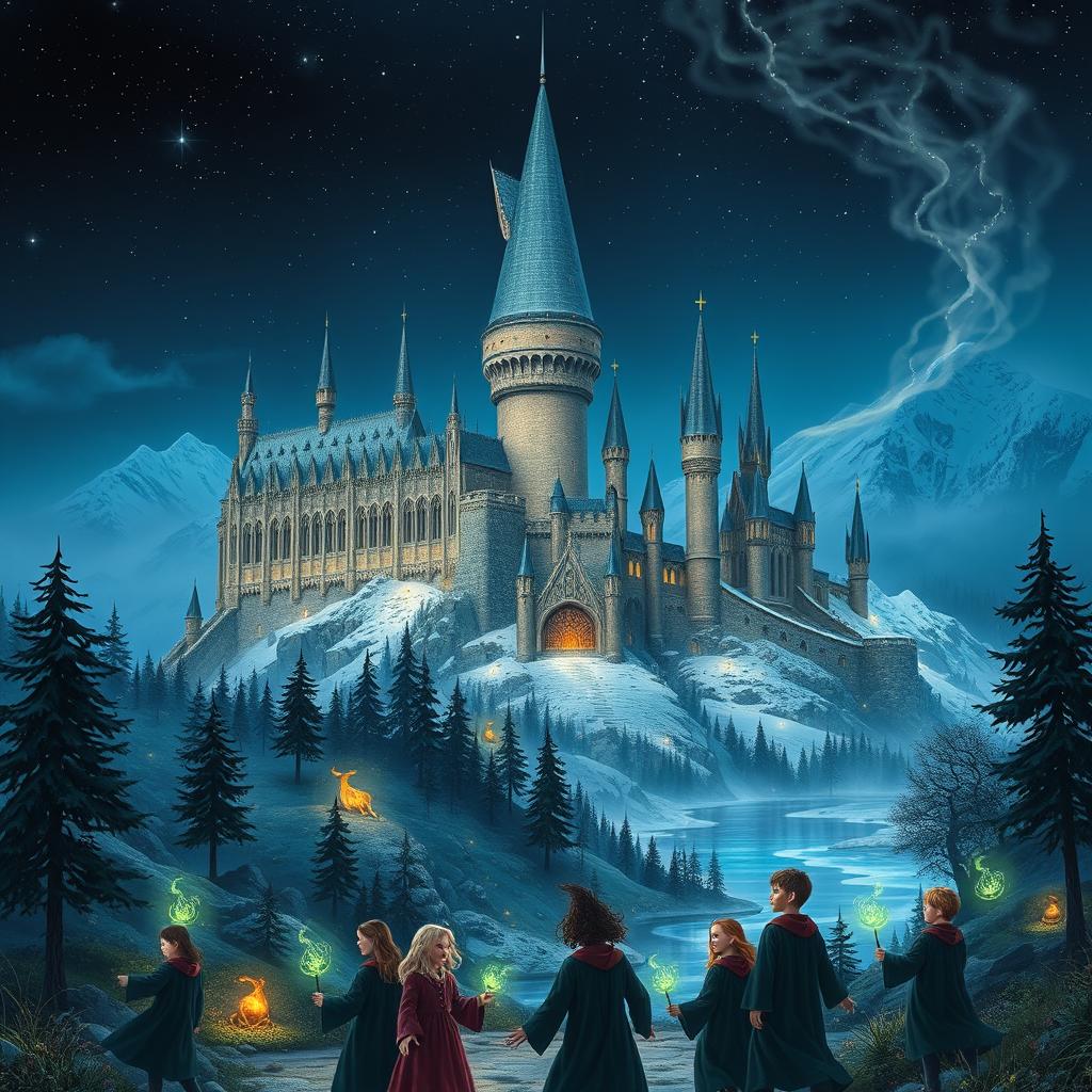 A magnificent, sprawling castle reminiscent of Hogwarts, nestled among snowy mountains under a starry sky