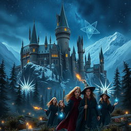 A magnificent, sprawling castle reminiscent of Hogwarts, nestled among snowy mountains under a starry sky
