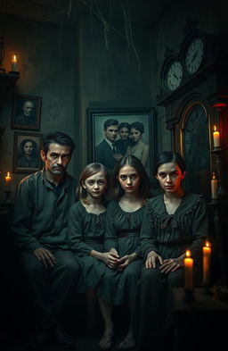 A chilling and eerie family portrait set in a dimly lit, old room filled with dust and cobwebs