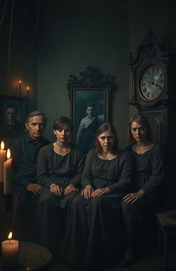A chilling and eerie family portrait set in a dimly lit, old room filled with dust and cobwebs