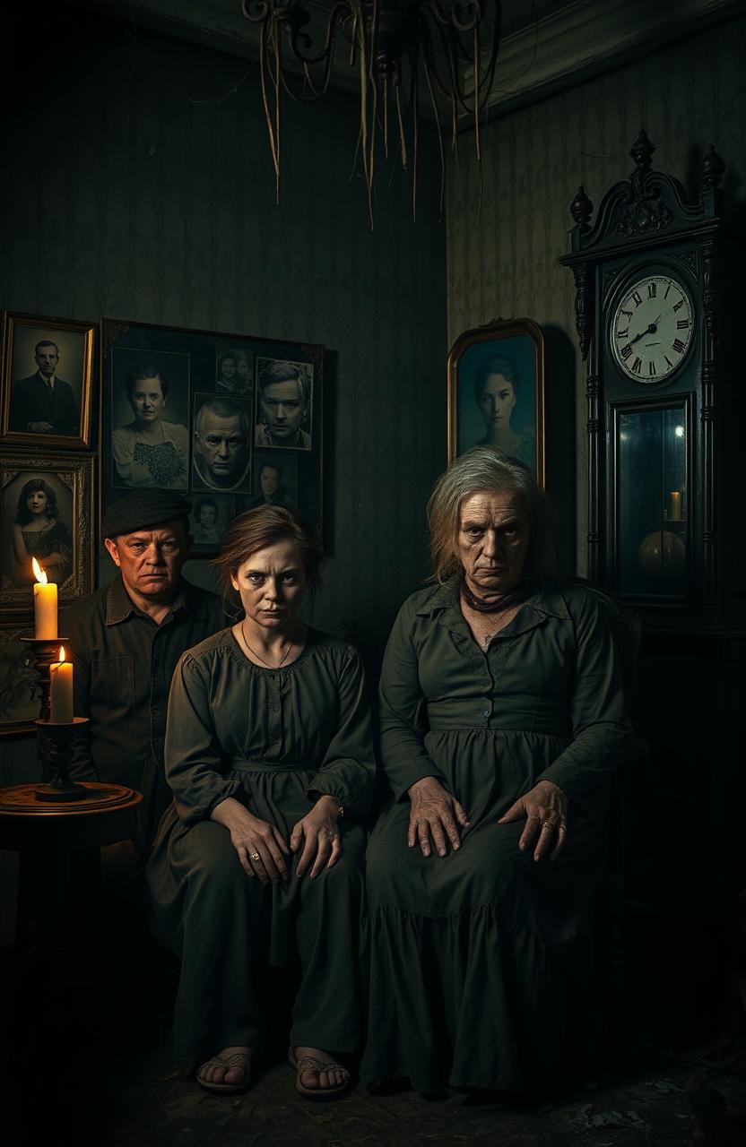 A chilling and eerie family portrait set in a dimly lit, old room filled with dust and cobwebs