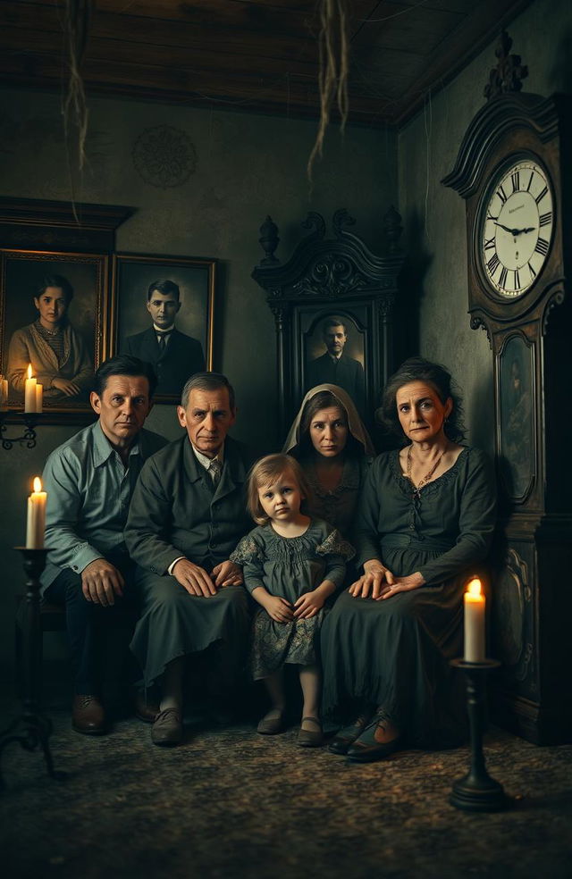 A chilling and eerie family portrait set in a dimly lit, old room filled with dust and cobwebs