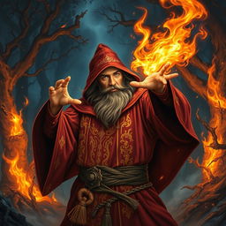A powerful Dungeons & Dragons fire wizard casting a spell, surrounded by swirling flames