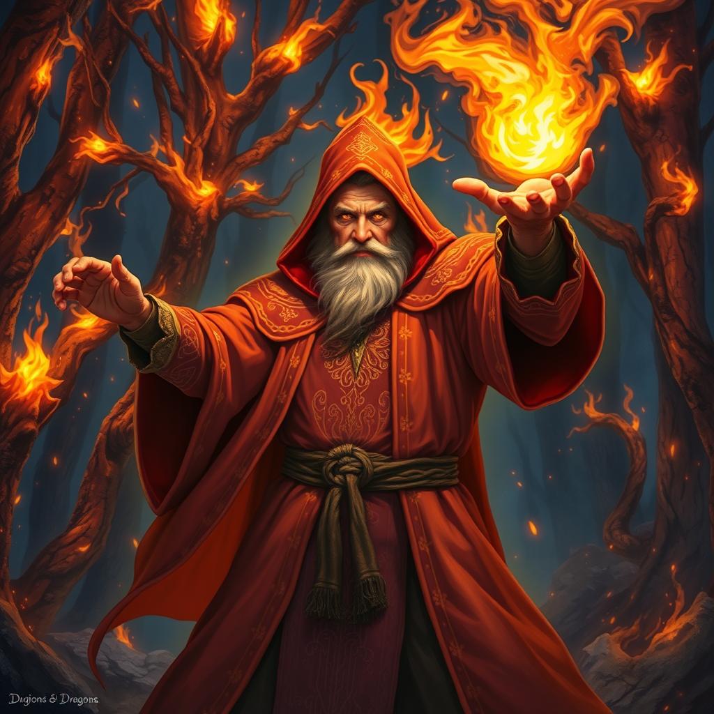 A powerful Dungeons & Dragons fire wizard casting a spell, surrounded by swirling flames