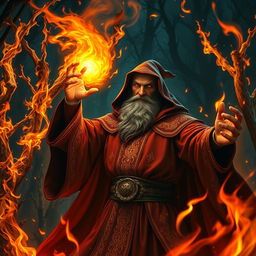 A powerful Dungeons & Dragons fire wizard casting a spell, surrounded by swirling flames