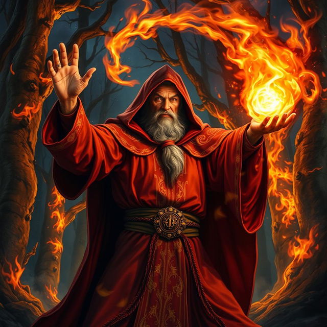 A powerful Dungeons & Dragons fire wizard casting a spell, surrounded by swirling flames