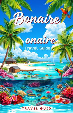 A beautifully illustrated travel guide cover for Bonaire, showcasing its stunning beaches and crystal-clear waters