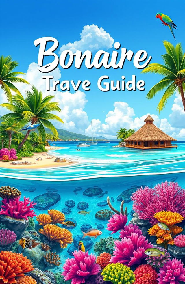 A beautifully illustrated travel guide cover for Bonaire, showcasing its stunning beaches and crystal-clear waters