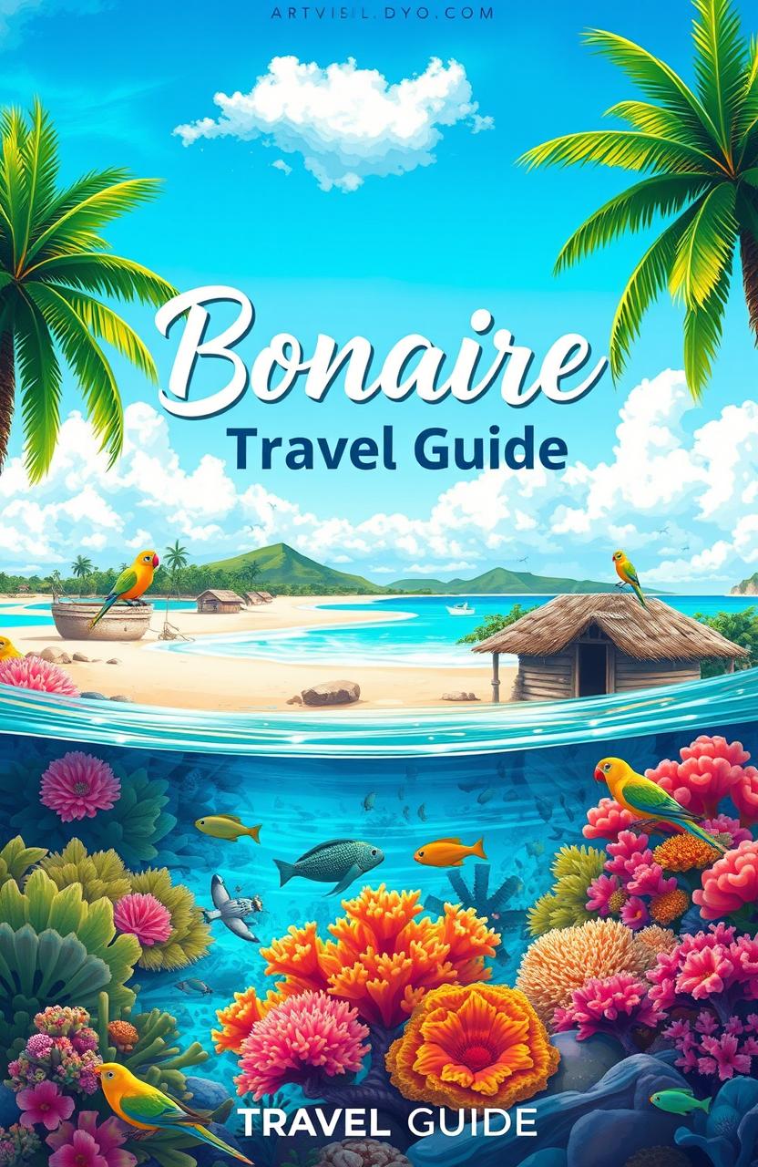 A beautifully illustrated travel guide cover for Bonaire, showcasing its stunning beaches and crystal-clear waters