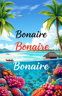 A beautifully illustrated travel guide cover for Bonaire, showcasing its stunning beaches and crystal-clear waters
