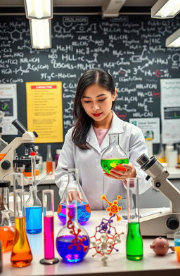 An intricately designed biochemistry laboratory featuring a scientist in a lab coat conducting experiments
