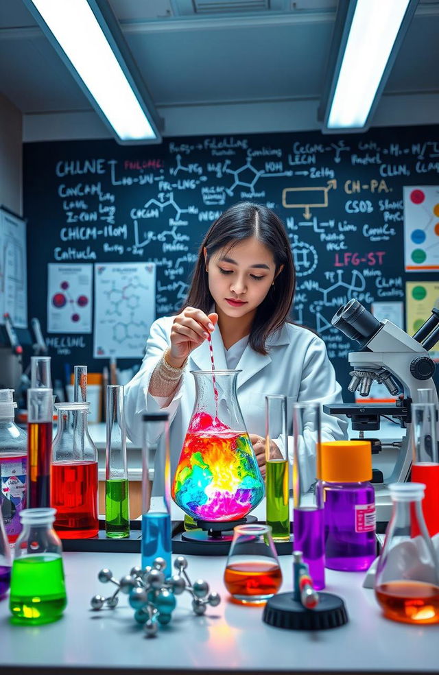 An intricately designed biochemistry laboratory featuring a scientist in a lab coat conducting experiments