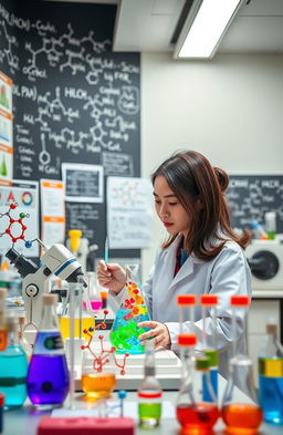 An intricately designed biochemistry laboratory featuring a scientist in a lab coat conducting experiments