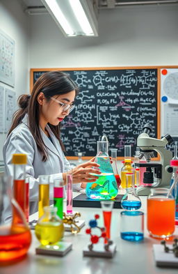 An intricately designed biochemistry laboratory featuring a scientist in a lab coat conducting experiments