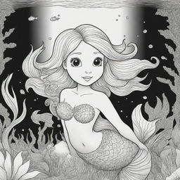 Cartoon-style mermaid under the sea, designed as a two-dimensional colouring page presented in black and white.