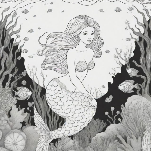 Cartoon-style mermaid under the sea, designed as a two-dimensional colouring page presented in black and white.