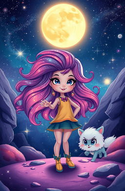 A cosmic landscape featuring a confident character named Luna with vibrant, galaxy-like flowing hair and an oversized head that adds charm